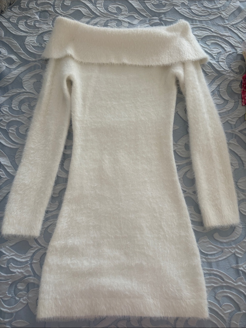 Cozy Off-Shoulder Fuzzy Knit Dress - Cream